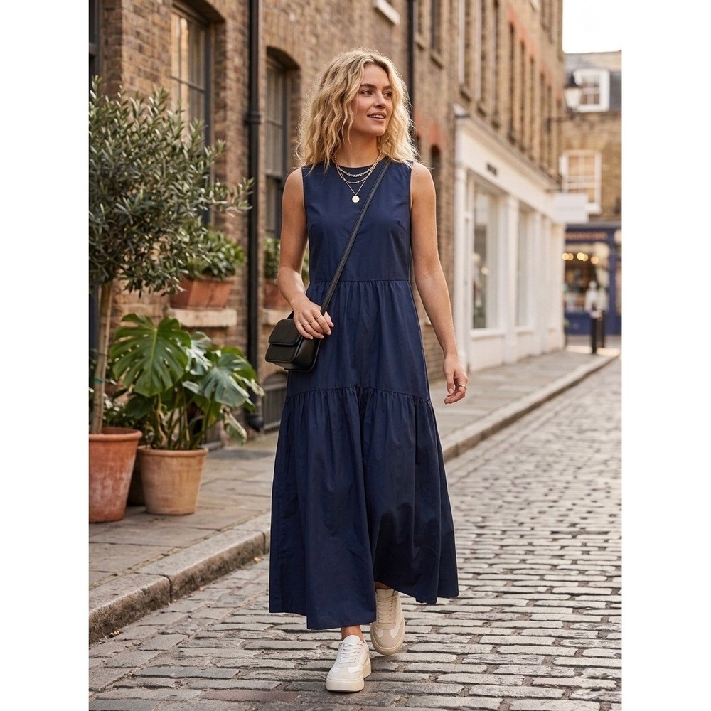 COS Navy Blue Cotton Cut-Out Tiered Maxi Dress Sleeveless US 10 11644258